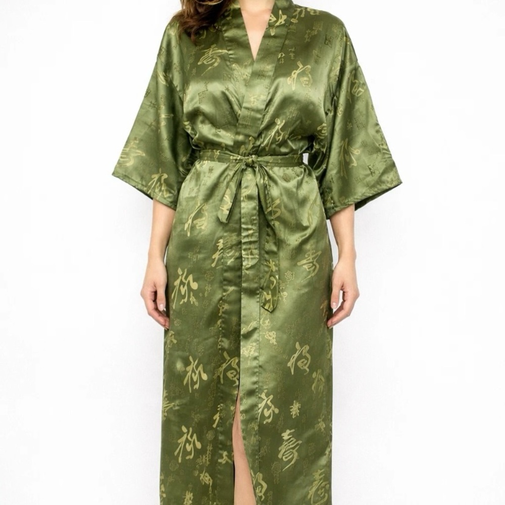 Green Satin Kimono Robe with Gold Asian Script Belted Lounge Wear One Size